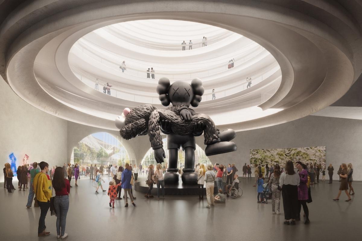 Daytime render of winning concept design for NGV Contemporary by Angelo Candalepas and Associates, arrival gallery and central spherical hall. Render by Secchi Smith. Artwork: Centre: KAWS (American born 1974) Gone 2019, Commissioned by the National Gallery of Victoria, 2020 Left: Reko Rennie (Kamilaroi born 1974) i) OA WARRIOR I (blue) 2020 ii) OA WARRIOR II (pink) 2020, Purchased, Victorian Foundation for Living Australian Artists, 2020 Right: Pae White (American born 1963), Spearmint to peppermint 2013, Purchased NGV Foundation with the assistance of the Donald Russell Elford and Dorothy Grace Elford Bequest, 2017 Render by Secchi Smith.