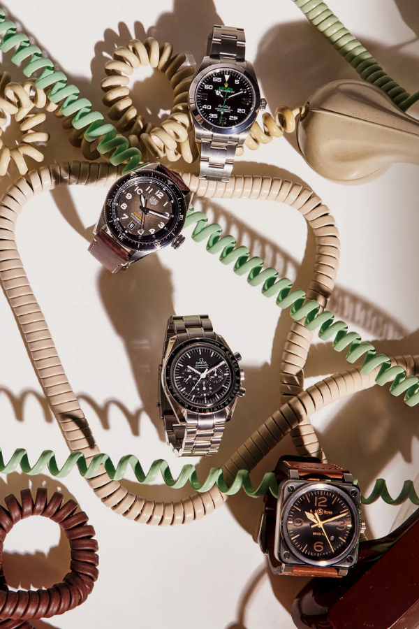 From top: Rolex Oyster Perpetual Air-King; Tag Heuer Autavia; Omega Speedmaster Moonwatch Professional; and Bell & Ross BR 03-92 Golden Heritage. Photography by Jennifer Livingston.