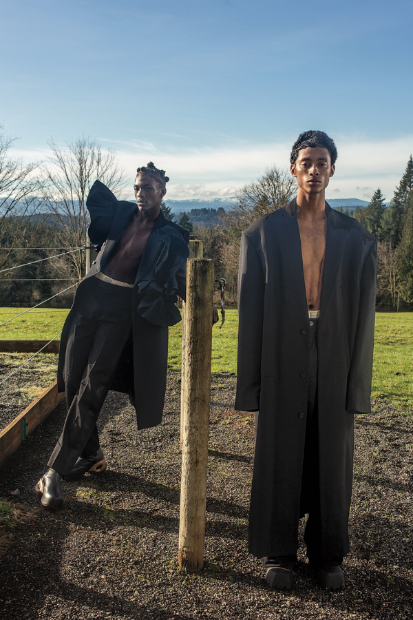 From left: Alexander McQueen coat and pants, Comme Si boxers, and Givenchy shoes. Balenciaga coat, pants and boots, and Comme Si boxers. Photography by D'Angelo Lovell Williams.