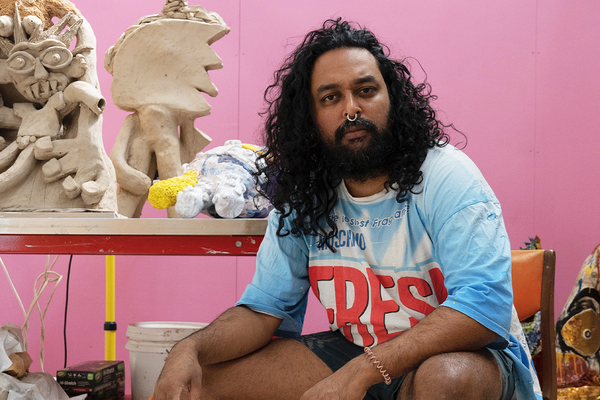 The artist Ramesh Mario Nithiyendran in his studio in Gladesville, Sydney. Photography by Jordan Turner.