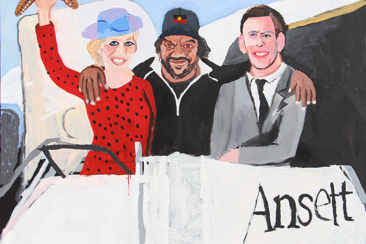 Vincent Namatjira, "The Royal Tour (Diana, Vincent and Charles)", 2020, acrylic on linen, 152 x 122cm. Courtesy the artist and THIS IS NO FANTASY.