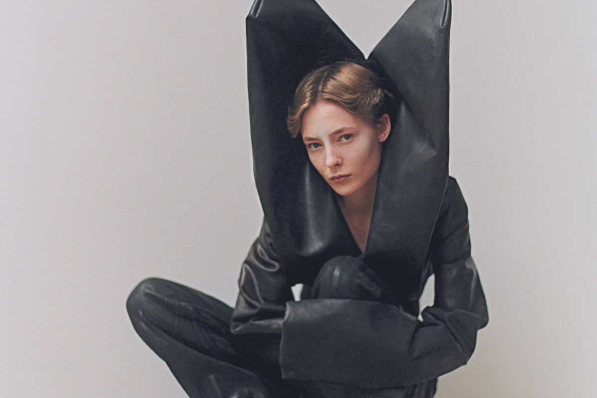Copy of Website resize (18) A model in a Rick Owens jacket and skirt.